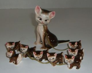 Vintage Mcm Ceramic Cat & 8 Kittens On Chains Figurines Japan