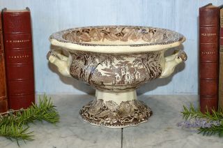 Antique Masons Vista Ironstone Brown Transferware Compote Tureen With Handles