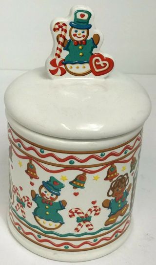Vintage Gingerbread House Christmas Cookie Jar Snowmen Teleflora 9”