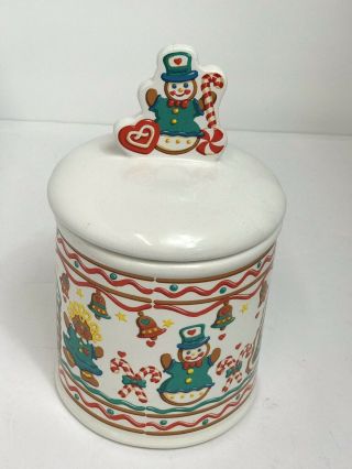 Vintage Gingerbread House Christmas Cookie Jar Snowmen Teleflora 9” 2