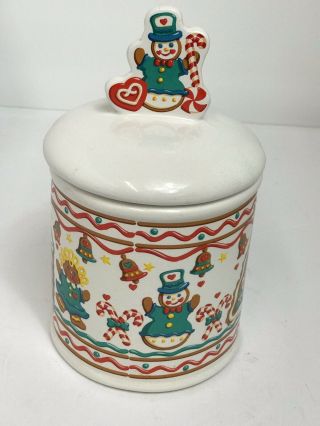Vintage Gingerbread House Christmas Cookie Jar Snowmen Teleflora 9” 3