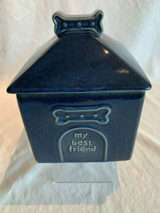 Vintage Dog Treat Cookie Jar.  Blue,  Square,  Ceramic With Bone Décor