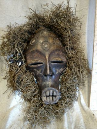 Chokwe Mask With Grass Hair And Beads — Authentic Carved African Wood Art