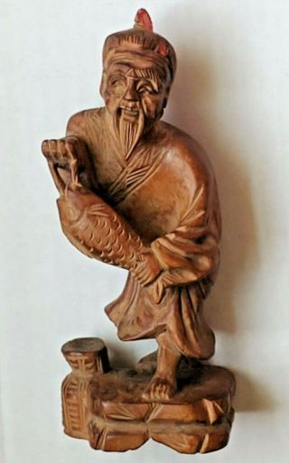 6 " - - Vintage Asian Hand Carved Rose Wood Figurine - Man With Fish