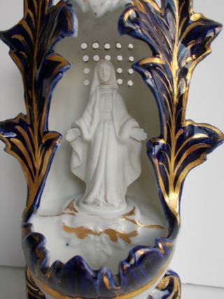 French Antique Hand Painted Valentine Porcelain Holy Water Font Blue Gold 1800 