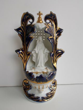 French Antique Hand Painted Valentine Porcelain Holy Water Font Blue Gold 1800 ' s 2