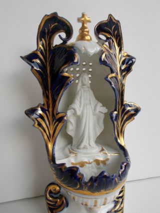 French Antique Hand Painted Valentine Porcelain Holy Water Font Blue Gold 1800 ' s 3