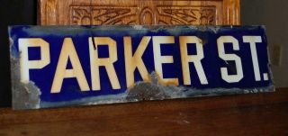 Rare Early Vintage Porcelain Street Advertising Sign Parker St.  From Holyoke Ma.