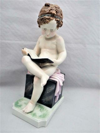 Antique Karl Ens Porcelain Volkstedt Germany Naked Child Reading Figure 1920s