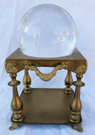 Antique 4.  5 " Crystal Ball W Brass Pedestal Pillar Stand Healing Sphere Mystic
