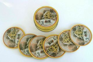 Vintage Set Of 6 Christmas Currier & Ives Tin Coasters And Container Winter Snow