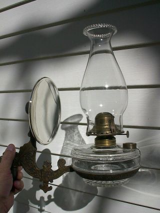 Old Ornate 1890s Antique Cast Iron Wall Bracket Oil Lamp W/original Reflector
