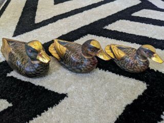 Set 3 Vintage Hand Carved Wooden Ducks Decorative Gold Brown