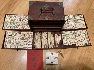 Antique 1920s Chinese Bone And Bamboo Mahjong Set 147 Tiles Mah Jongg Wood Case