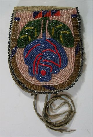 1910s Native American Nez Perce Indian Bead Decorated Hide Belt Pouch Beaded Bag