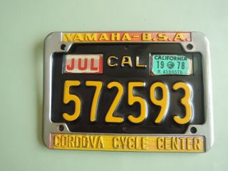 Vintage California Black Motorcycle License Plate And Dealer Frame