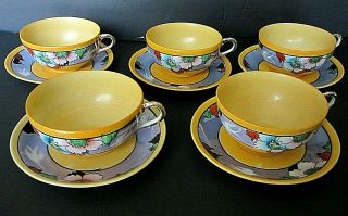 Vintage Nippon Hand Painted Porcelain Tea Cup & Saucers Set Of 5