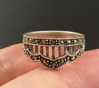 Vintage Sterling Silver & Marcasite Studded Segmented Crown Shape Ring Size 8