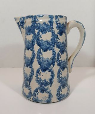 Antique 19th Century Spongeware Stoneware Pottery Pitcher Blue And White Rings