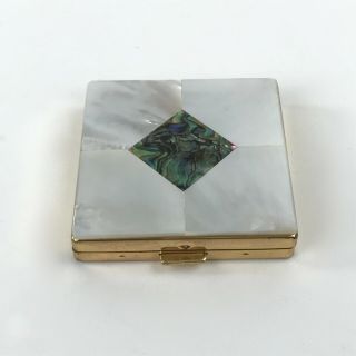 Vintage Mother Of Pearl Metal Powder Compact Mirror Puff With Powder Unbranded