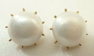 Vintage Crown Trifari Signed Gold Tone Faux Pearl Clip Earrings