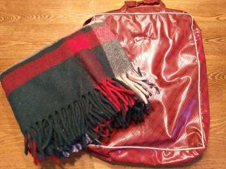 Vtg Troy Robe Red Green Plaid Wool Blanket W/fringe & Carrier/bag 51x69