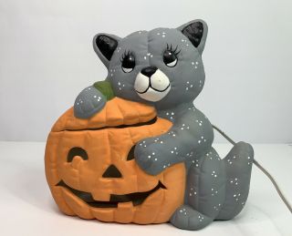 Vintage Halloween Hand Painted Cute Cat & Pumpkin Ceramic Lighted Jack O Lantern 2