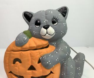 Vintage Halloween Hand Painted Cute Cat & Pumpkin Ceramic Lighted Jack O Lantern 3