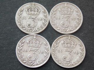 4 Solid Sterling Silver Vintage Ww1 Threepences 1916 1917 1818 1919 C149