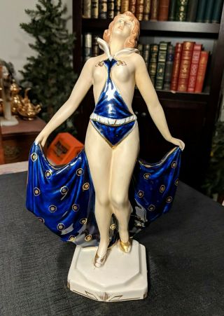 Antique Royal Dux Nude Lady With Blue And Gold Dress Stamped On Base