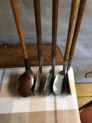 Antique Hickory Wood Shaft 5 Club Display Set Golf Clubs W/ Fancy Face Brassie 2