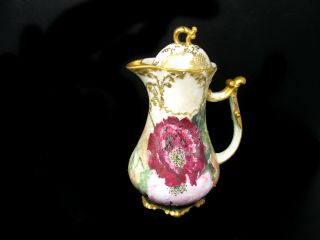 Antique Chocolate Pot Jean Pouyat Limoges Hand Painted Floral Deep Red Gold Trim
