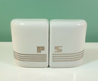 Vintage Art Deco White Porcelain Ceramic Stove Top Silver Salt & Pepper Shakers