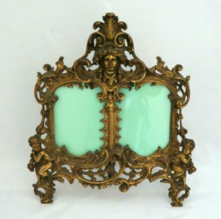 Antique French Baroque Brass Double Photo Picture Frame W/ Easel Back Cherubs