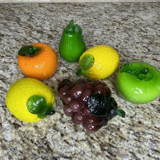 Vintage Large 6 Piece Glass Fruit Apple,  Grapes,  Lemons,  Pear,  Orange