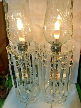 Antique Cut Glass Lamps (2) W/hurricane Shades Bobeche Crystal Prisms Girandole