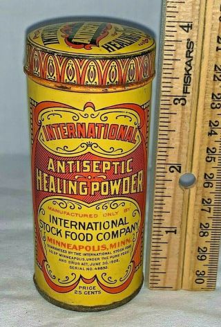 Antique International Stock Food Powder Tin Litho Can Vet Medicine Minneapolis