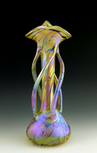 Glamorous Bohemian Art Deco Jugendstil Iridescent Glass Vase Tall 13 1/2