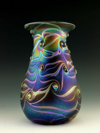 Glamorous Bohemian Art Deco Jugendstil Iridescent Glass Vase Tall 8 1/2