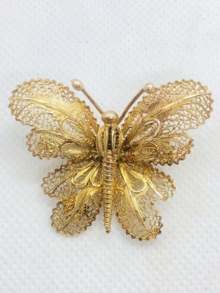 Vtg Topazio Portugal Gold Vermeil Sterling Silver Filigree Butterfly Brooch Pin