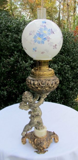 Large Antique Victorian Metal Cherub Statue Banquet Parlor Kerosene Oil Lamp 30 "
