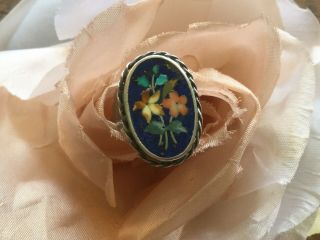 Antique Victorian Pietra Dura Mosaic Flower Sterling Silver Ring W Lapis Stone