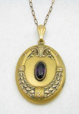 Antique Edwardian Gold Filled Purple Stone Large Photo Locket Pendant Necklace