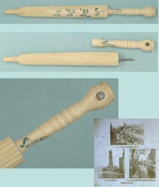 Antique Bone Parasol Needle Case With Stanhope 3 Views Of Bruges Circa 1900