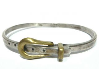 Vintage Sterling Silver Belt Buckle Bracelet Brass Strap Mexico 925 Bangle B5