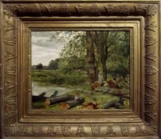 Antique British 19th Century Oil Painting - The Wood Cutters Rest Monogram Signed
