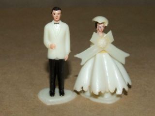 Vtg 50s Mid Century Mini Celluloid Bride & Groom Wedding Cake Topper Set 2.  25 "
