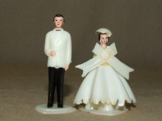 VTG 50s Mid Century Mini Celluloid Bride & Groom Wedding Cake Topper Set 2.  25 