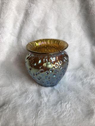 Loetz Austria Antique Art Glass Nouveau Iridescent Gold Diaspora Vase 3.  5 "