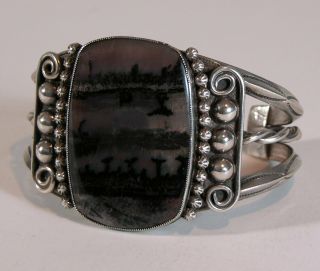 1960s Native American Navajo Indian Silver And Petrified Wood Cuff Bracelet